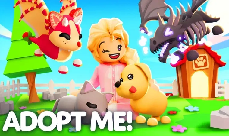 Adopt Me! em Roblox - arte com menina fazendo carinho em cachorro, gato ao lado e pets raros como dragões voando no céu.