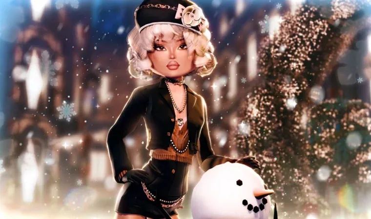 Dress to Impress em Roblox - avatar feminino com roupas chiques de inverno, próximo a um boneco de neve e flocos de neve ao redor.