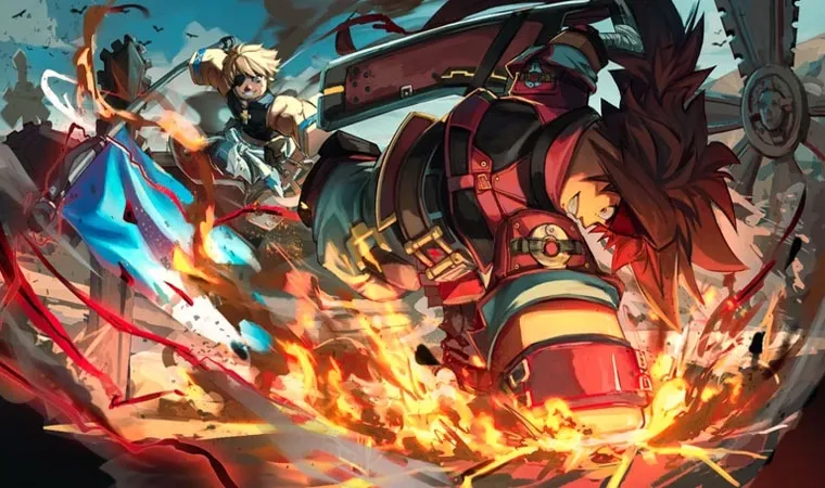 Anime Vanguards em Roblox - arte com personagem socando o chão com poderes de fogo, enquanto outro ao fundo manuseia uma lança com efeitos luminosos azuis.