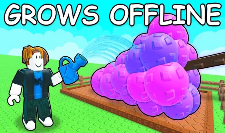 Grow a Garden 2 em Roblox - arte com avatar regando um gigantesco cacho de uvas e a frase "Grows Offline", indicando que as plantas crescem mesmo com o jogo desligado.