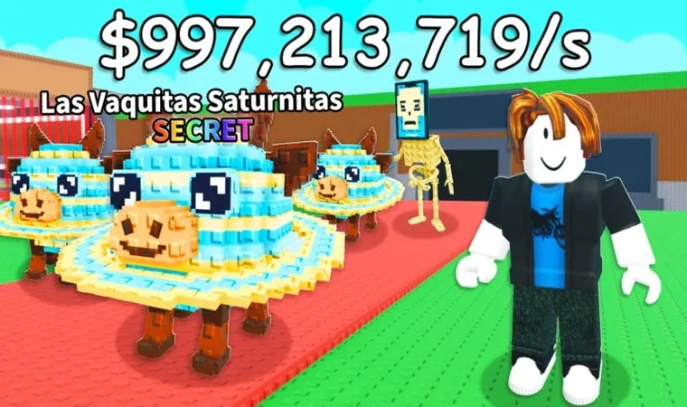 Steal a Brainrot em Roblox - arte com avatar observando monstros Brainrot sendo criados, incluindo "Las Vaquitas Saturnitas" (vaca + disco voador) com a palavra "Secret" abaixo e ganhos financeiros de 997.213.719 por segundo.