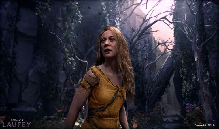 Protagonista Faye Laufey com roupas comuns após despertar de sua morte em um estranho pós-vida dos deuses com algumas árvores e vegetação em volta 