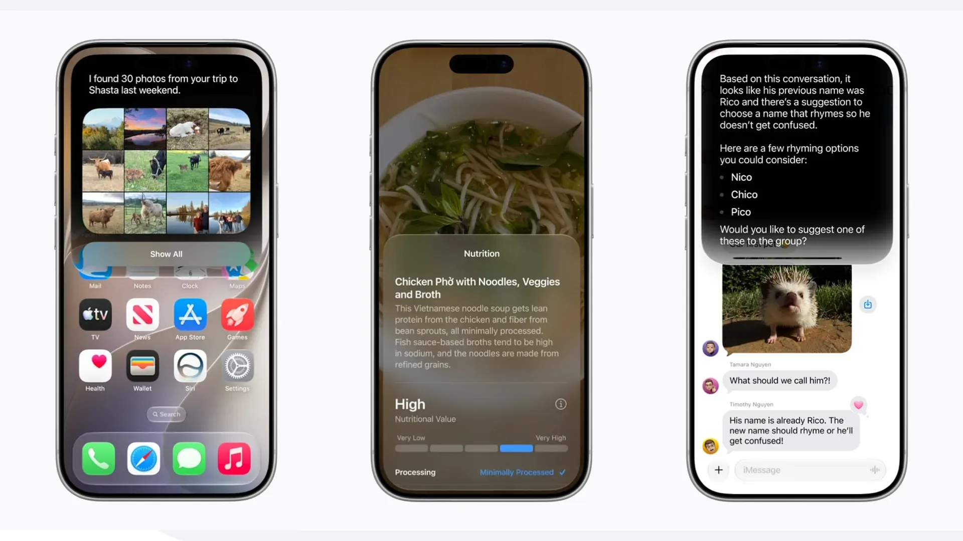 Três telas de iPhone mostrando recursos da Siri AI