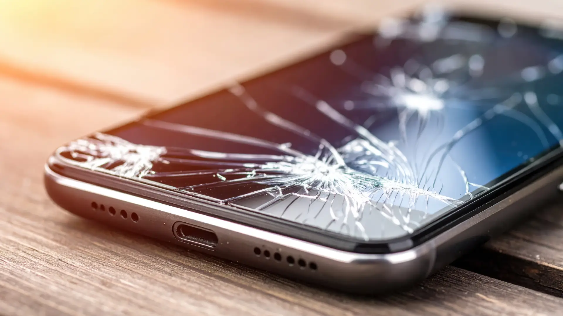 Um celular está sobre a mesa, com a tela quebrada