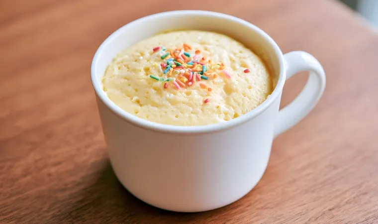 Imagem de bolo de caneca de massa branca com granulado colorido