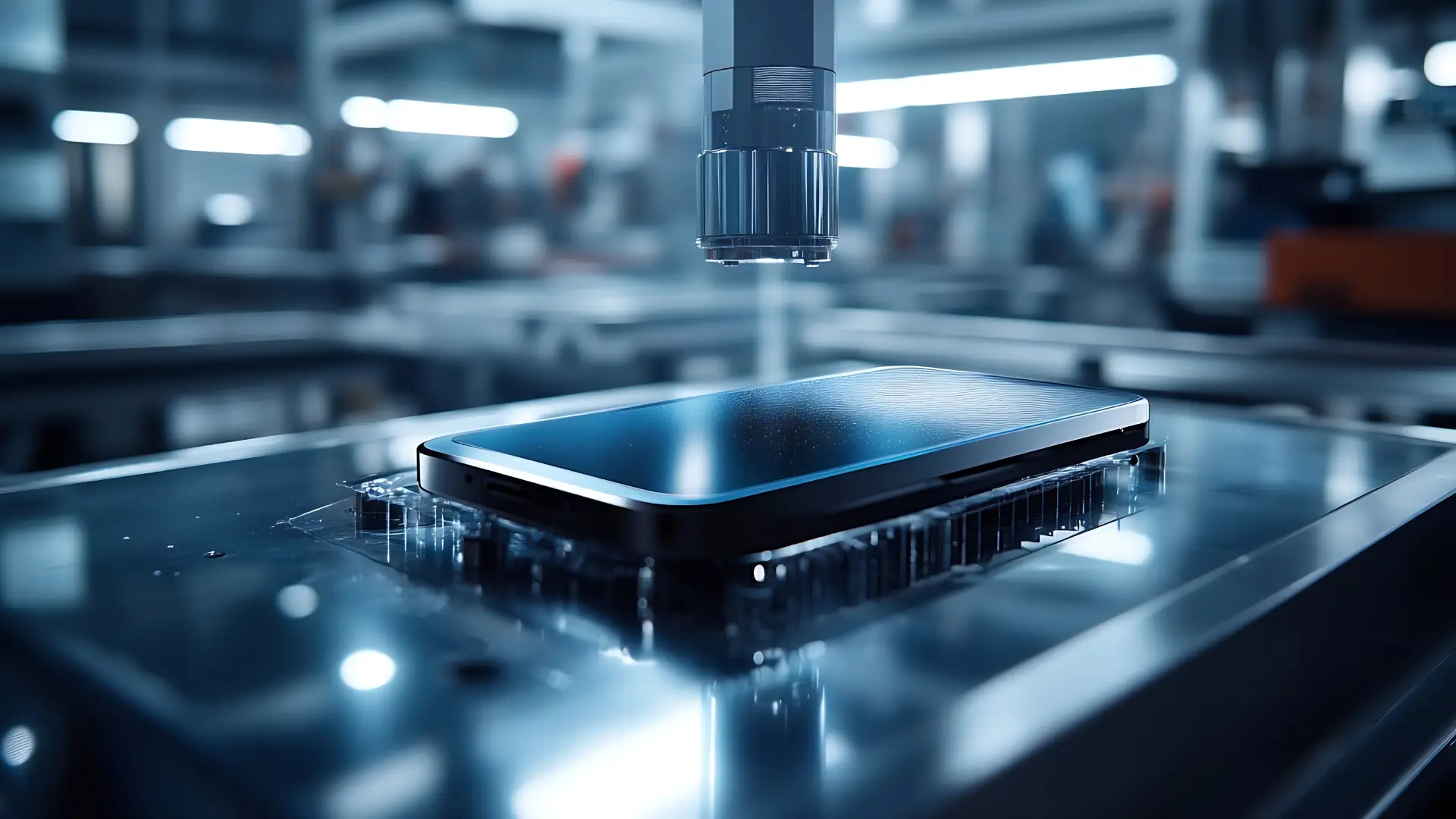Smartphone em linha de produção automatizada, com equipamento de inspeção sobre a tela em ambiente industrial.