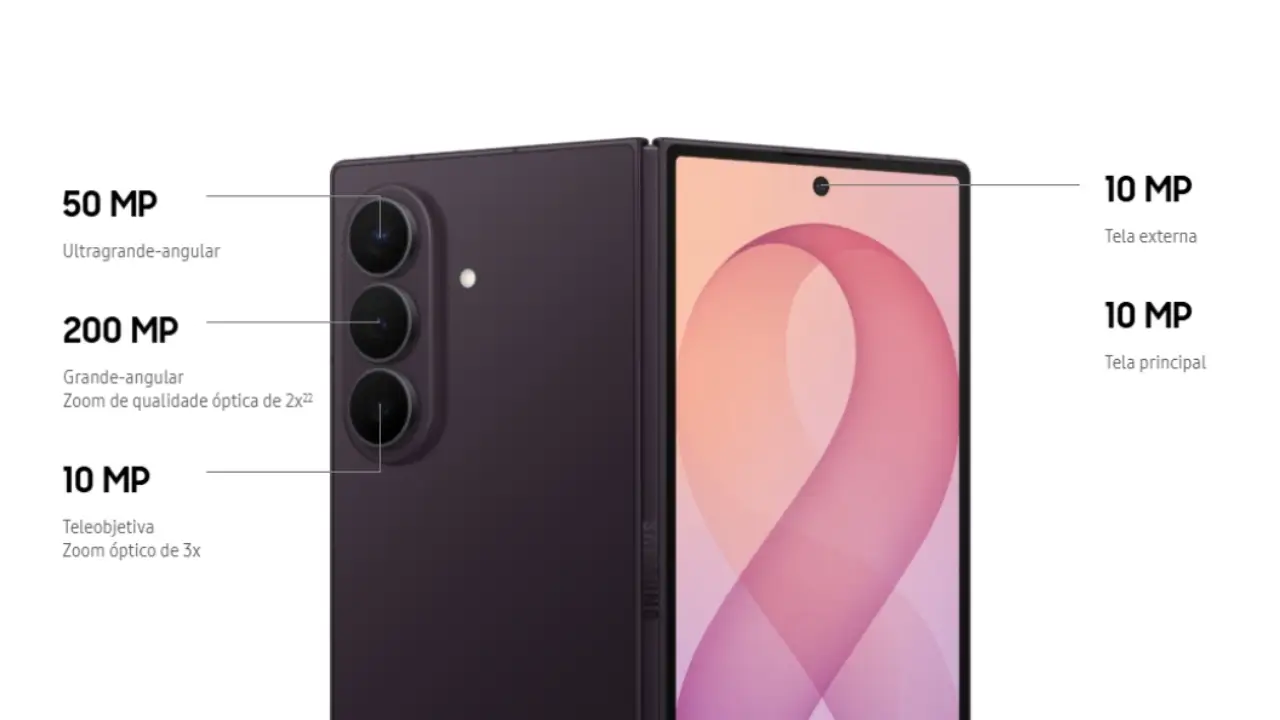 Imagem exibindo Galaxy Z Fold8 Ultra aberto destacando as resoluções das câmeras traseira e frontal
