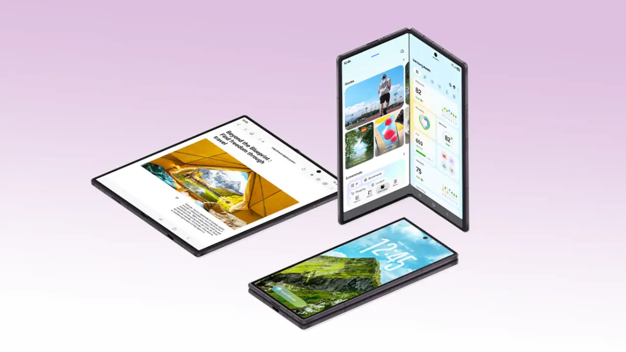 Imagem do Galaxy Z Fold8 em três formatos diferentes de exibição de tela, aberto, fechado e dobrado em 90 graus.
