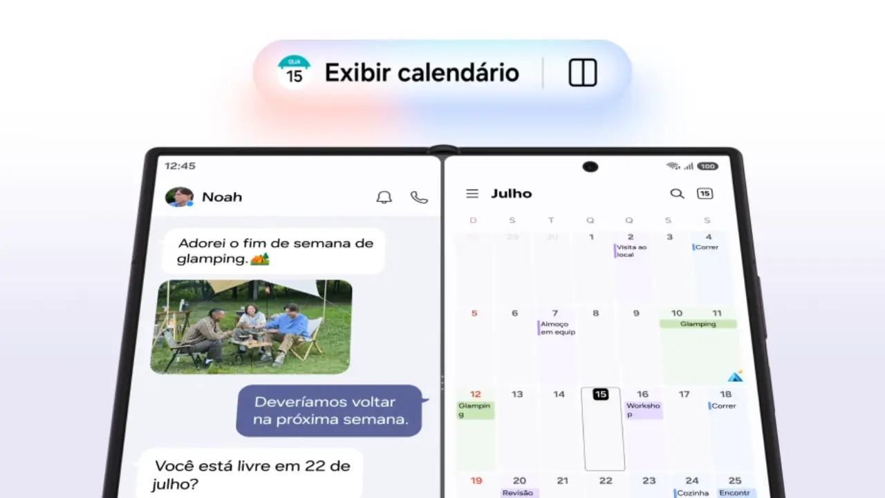 Imagem da tela do Z Fold8 Ultra aberta exibindo lado a lado uma conversa por mensagem e um calendário com atividades agendadas