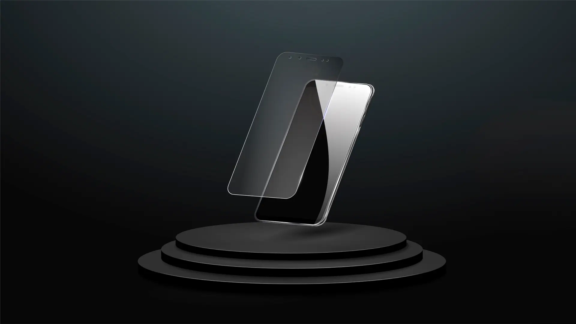 Celular preto na inclinado na vertical exibindo uma película de proteção a frente da tela