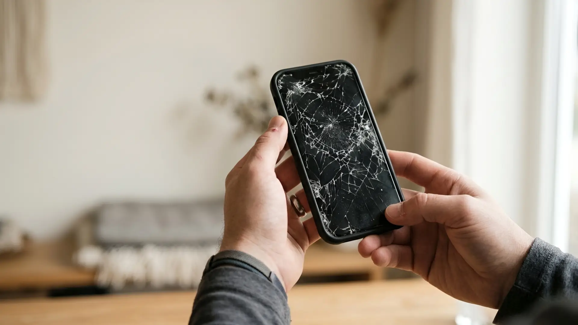 Duas mães segurando um celular com a tela quebrada
