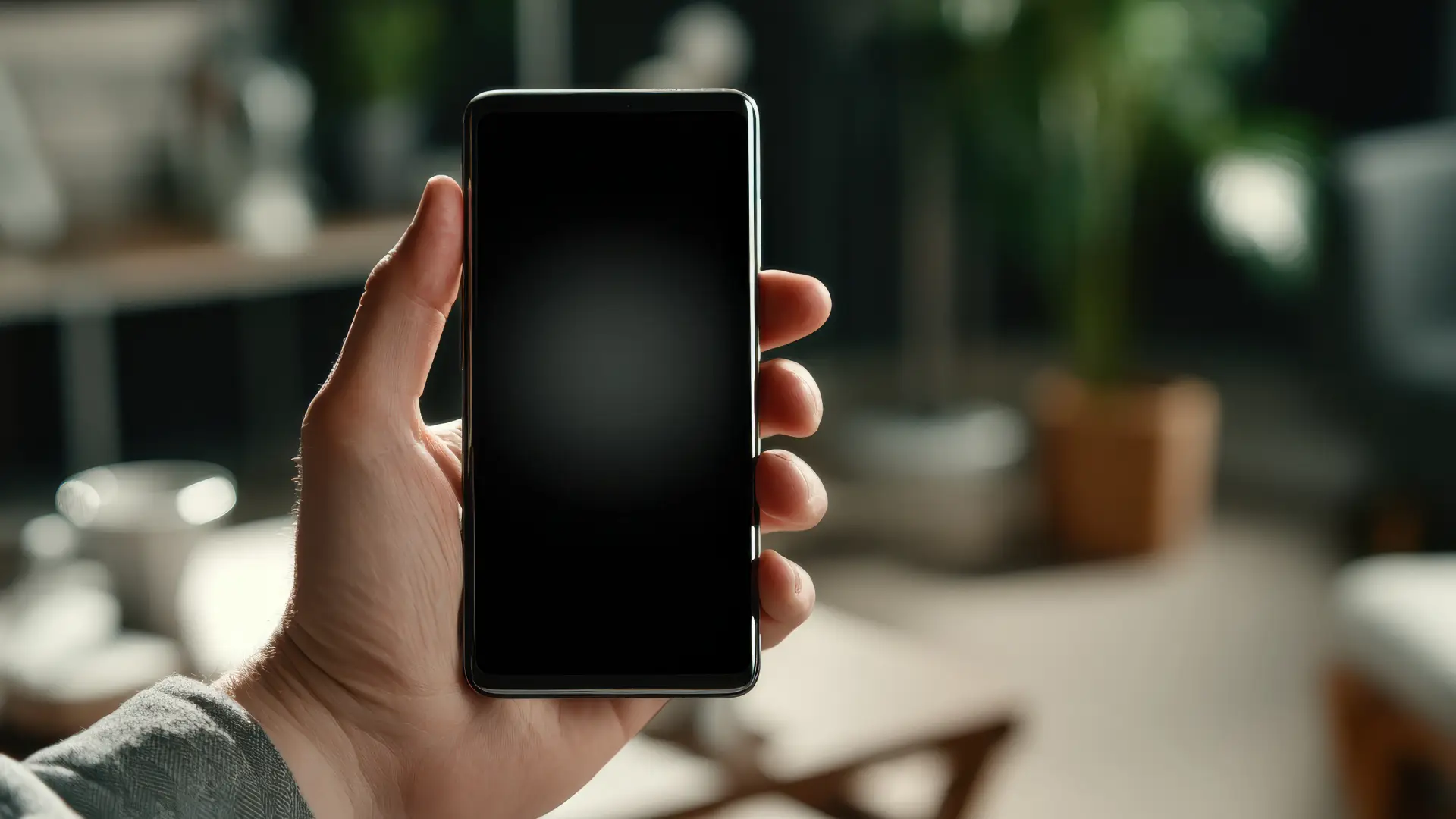 Imagem de uma mão segurando um celular com a tela desligada