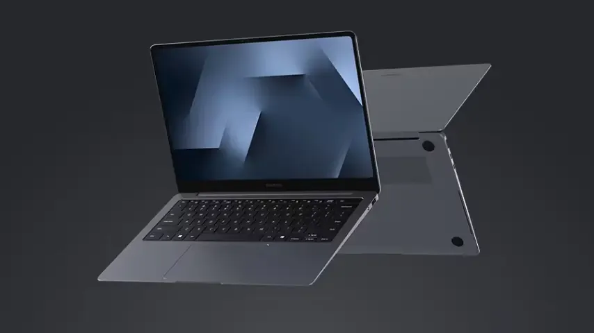 Galaxy Book6 Pro cinza exibido aberto de frente e fechado pela parte inferior.