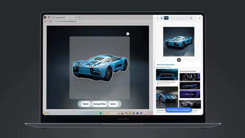 Galaxy Book6 Pro exibe pesquisa visual de um carro azul com resultados relacionados.