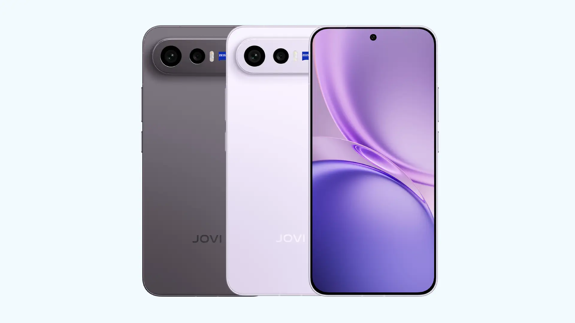 Imagem exibindo a tela e a parte traseira do JOVI X300 FE nas cores lilás e preta