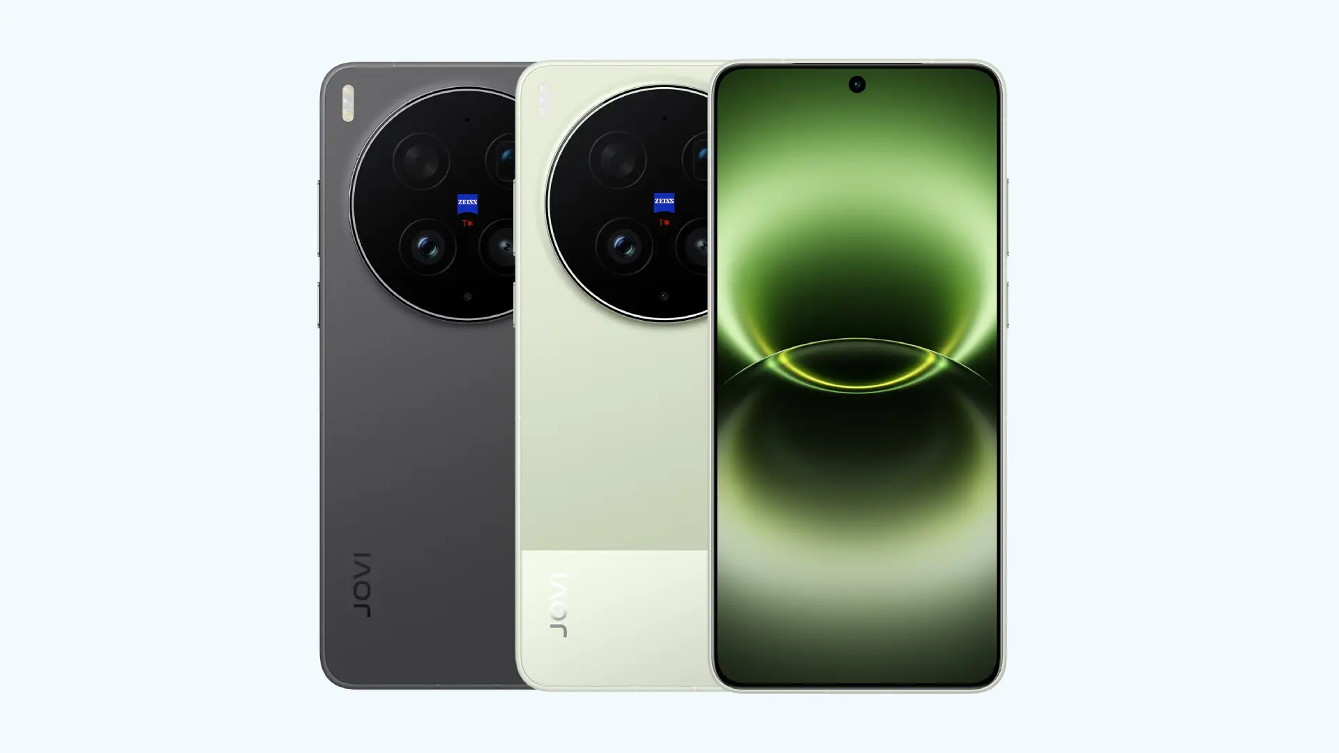Imagem exibindo a tela e a parte traseira do JOVI X300 Ultra nas variações de cores preta e verde