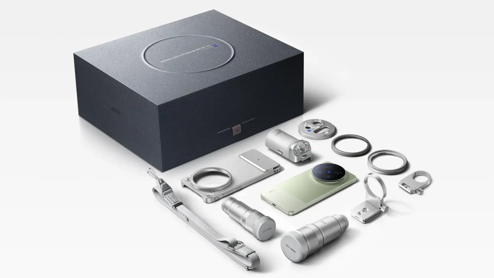 Imagem exibindo o kit completo do JOVI X300 Ultra com toas as lentes extras e acessórios de suporte