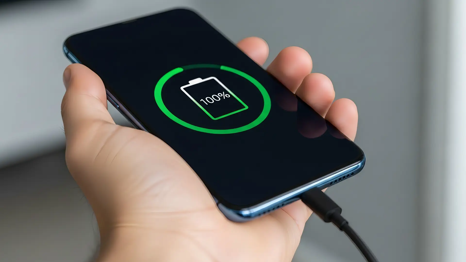 Smartphone conectado ao carregador mostra bateria em 100% na tela.