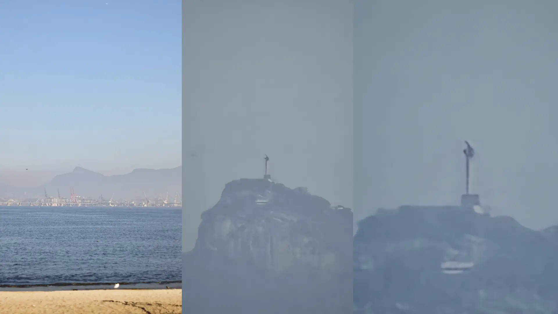 Fotos do Cristo Redentor em três distâncias diferentes, tiradas da Praia da Bica, na Ilha do Governador