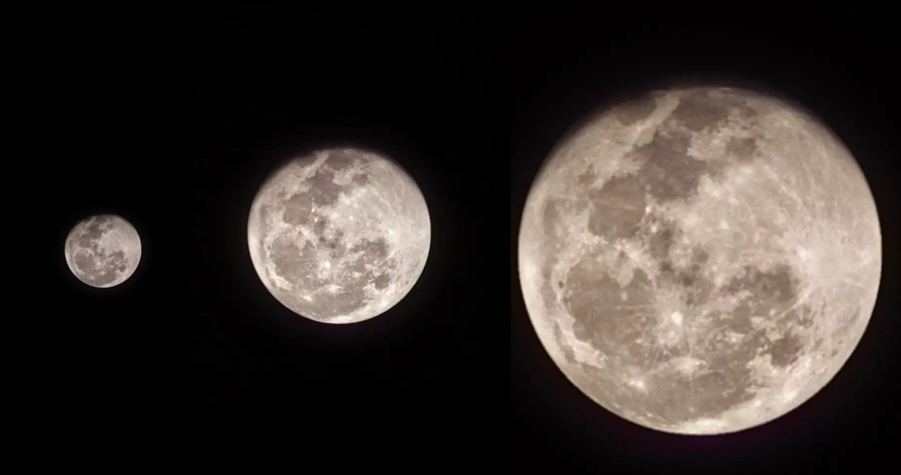 Na imagem, 3 fotos da lua em diferentes distâncias do Ultra Buscapé do Xiaomi 17T, sem filtros