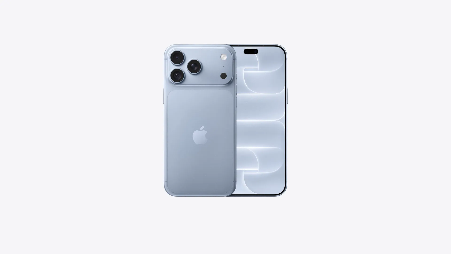 Imagem promocional padrão do iPhone 18 Pro Max na cor Glacial; visão traseira e frontal, lado a lado