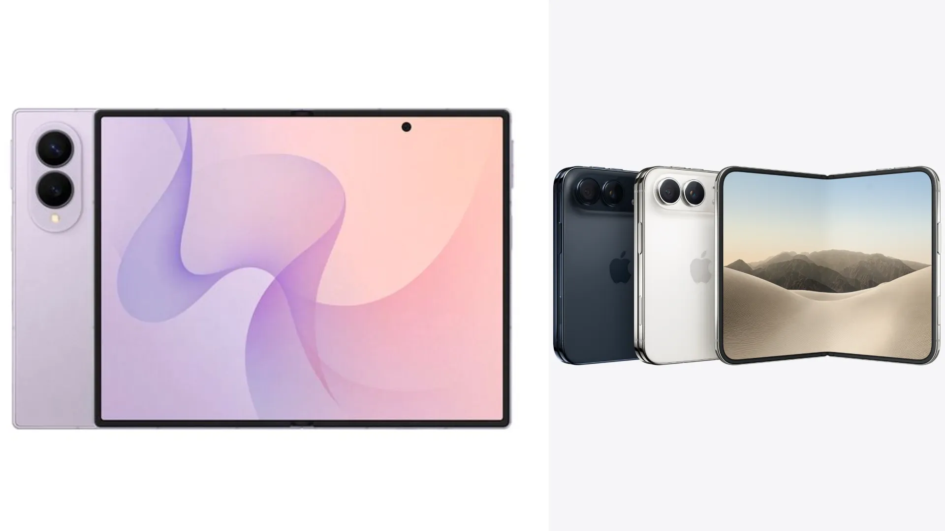 Imagens promocionais de dois Galaxy Z Fold8, um aberto e 3 iPhones Duo, um semiaberto.