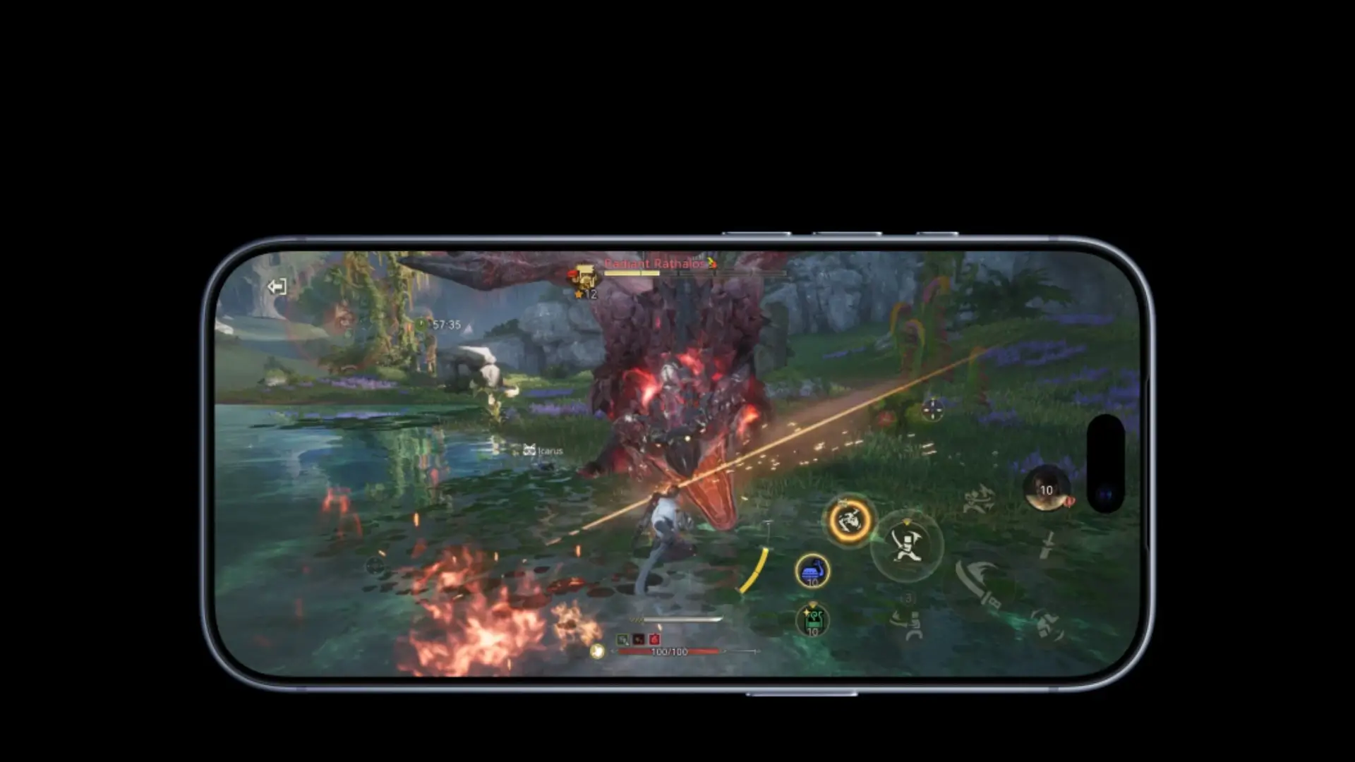 iPhone 18 Pro Max, na horizontal, exibindo jogo de RPG