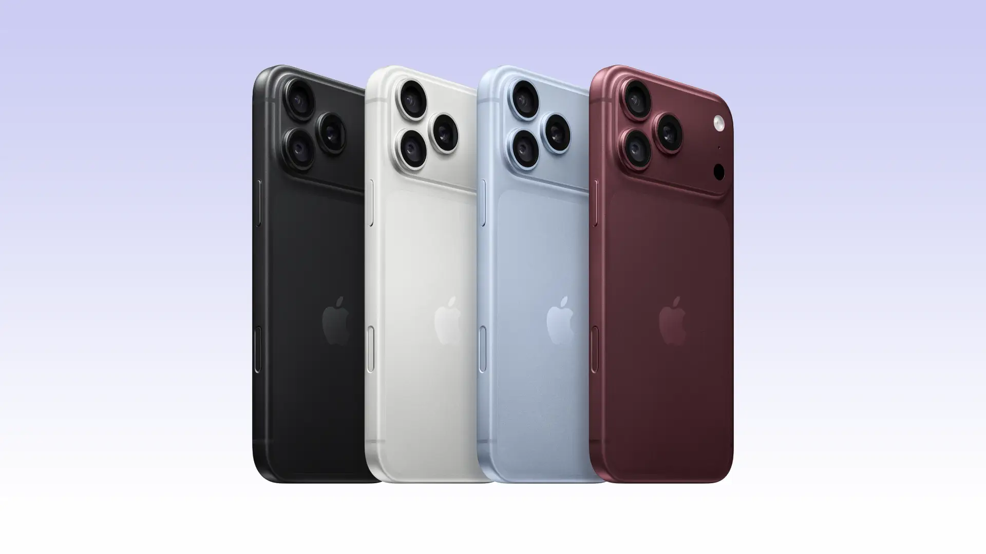 Quatro iPhones 18 Pro Max nas cores preto, branco, azul e vinho exibem três câmeras traseiras.