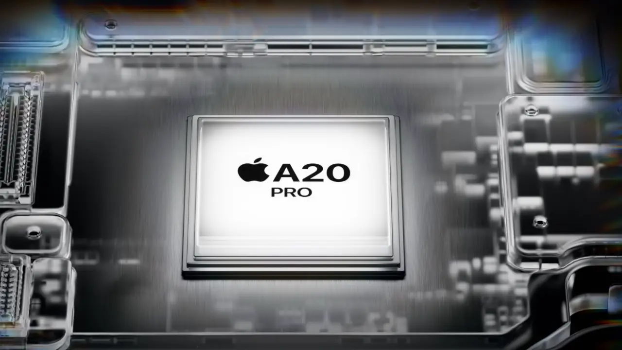 Chip Apple A20 Pro integrado aos componentes internos de um smartphone.