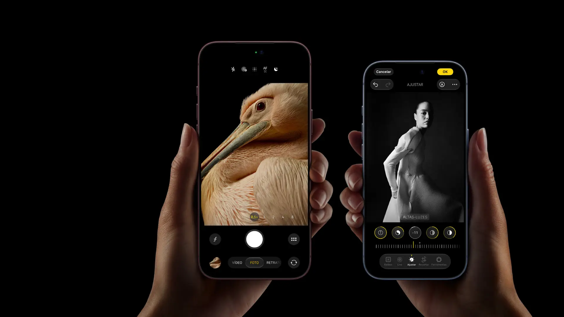 Mãos seguram dois iPhones com captura de pelicano e edição de retrato nas telas.