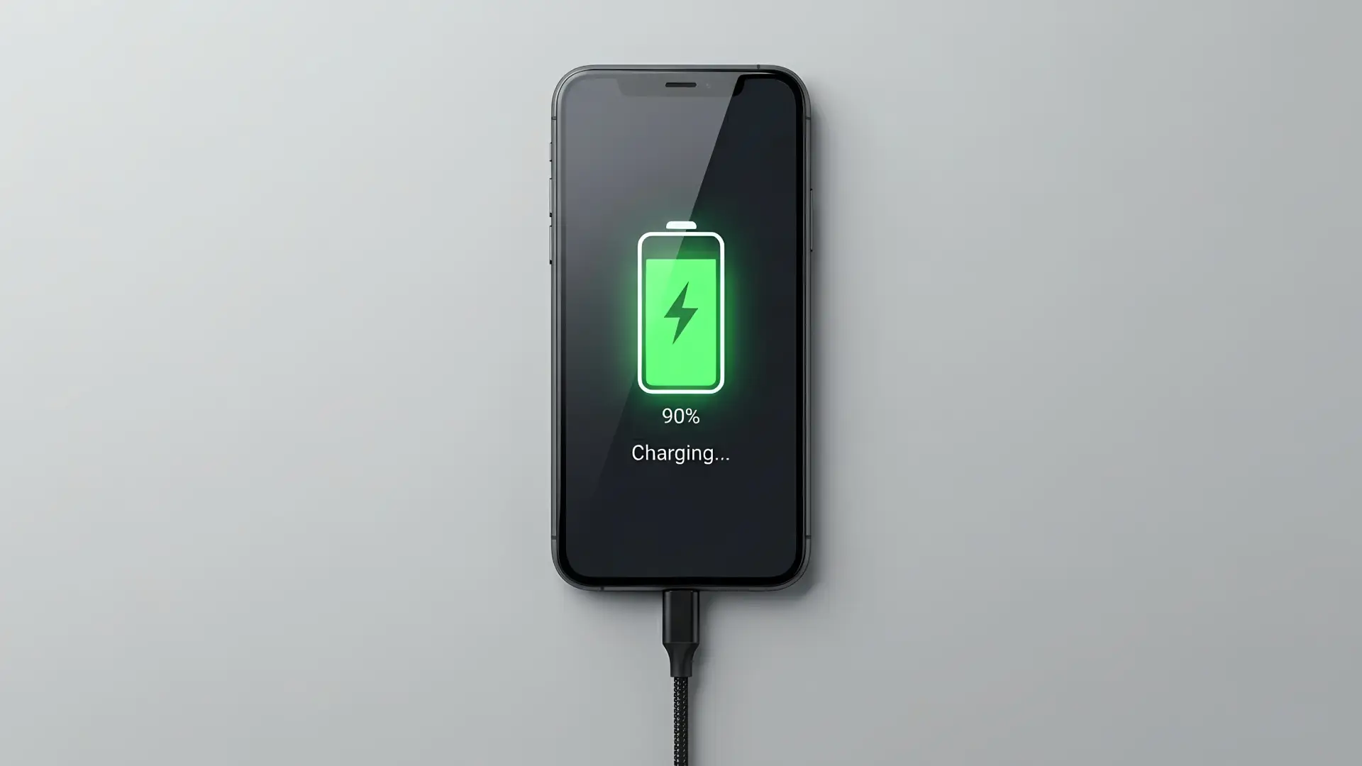 Celular conectado ao carregador exibe bateria em 90% na tela.