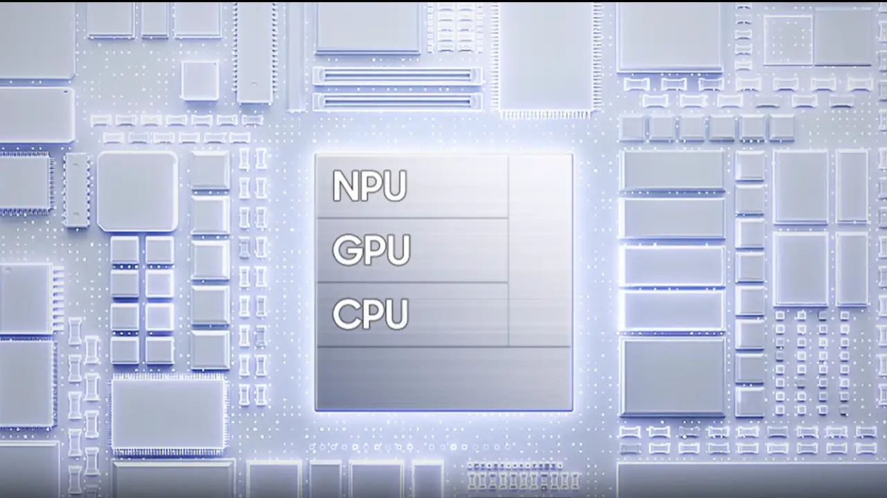 Processador com NPU, GPU e CPU integradas, cercado por componentes eletrônicos.