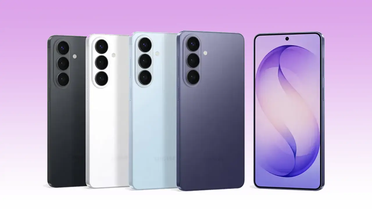 Galaxy S26 Plus em quatro cores, exibido de frente e de costas, com três câmeras traseiras.