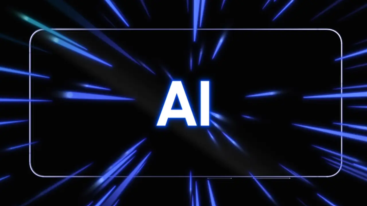 Tela de celular exibe as letras “AI” entre feixes de luz azuis sobre fundo preto.
