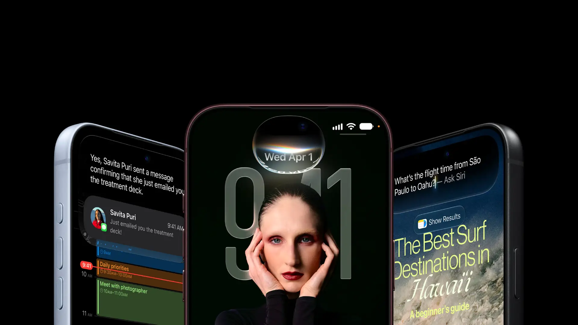 Três iPhones 18 Pro exibem calendário, retrato na tela de bloqueio e pesquisa com assistente virtual.