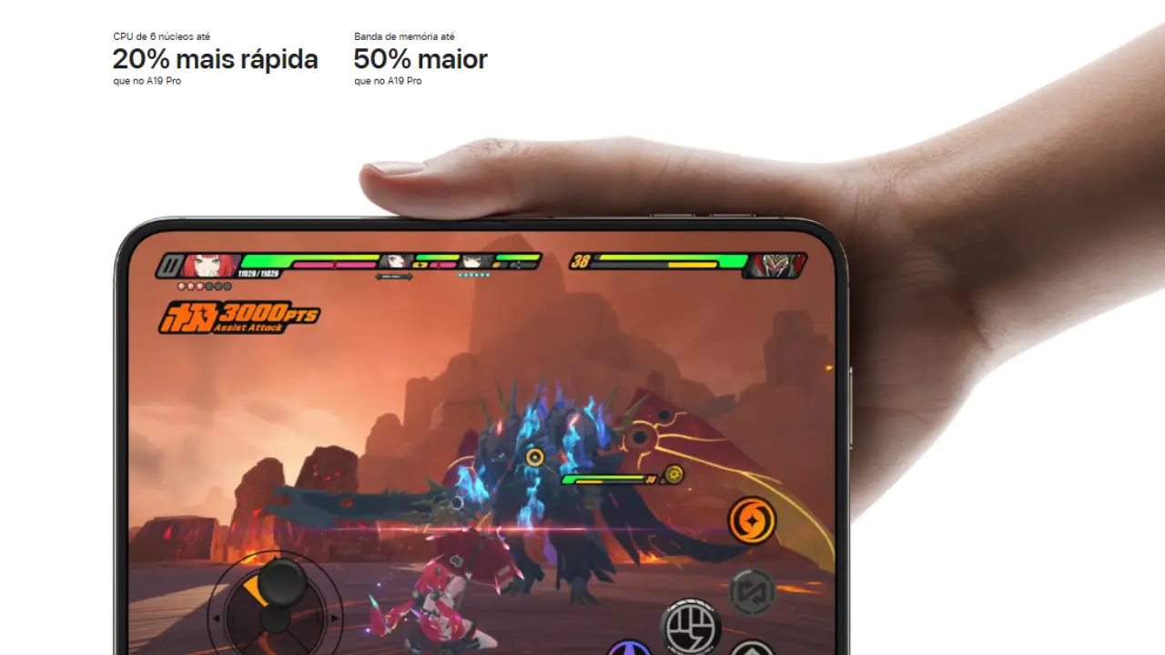 Mão segura iPhone Duo com jogo na tela e destaque para CPU 20% mais rápida e memória 50% maior.