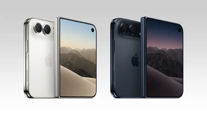 iPhone Duo nas cores branco e azul, exibido aberto e fechado, com duas câmeras traseiras.