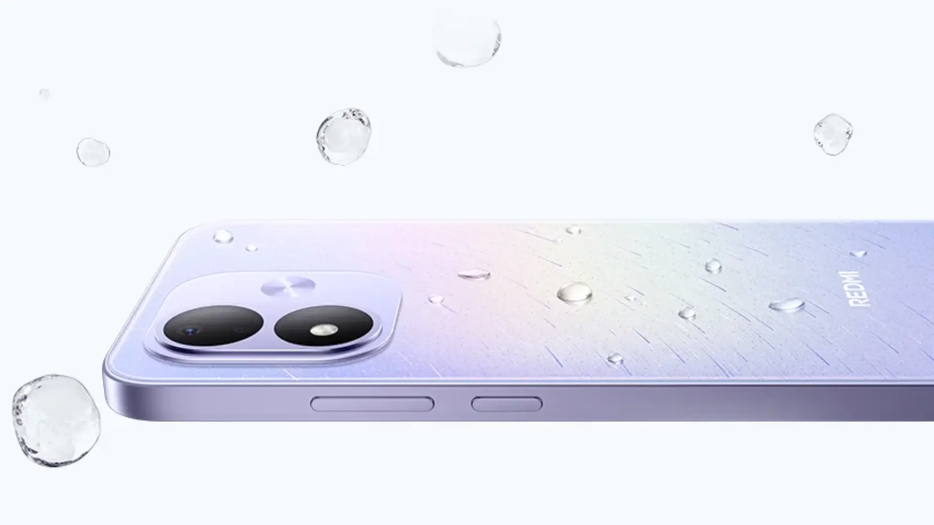 Imagem promocional do Redmi Note 17 5G deitado, com gotas de água na traseira e ao redor do modelo 