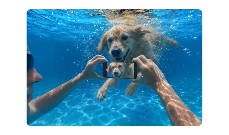 Celular REDMI Note 17 Pro embaixo d'ãgua em piscina, com pessoa filmando cachorro