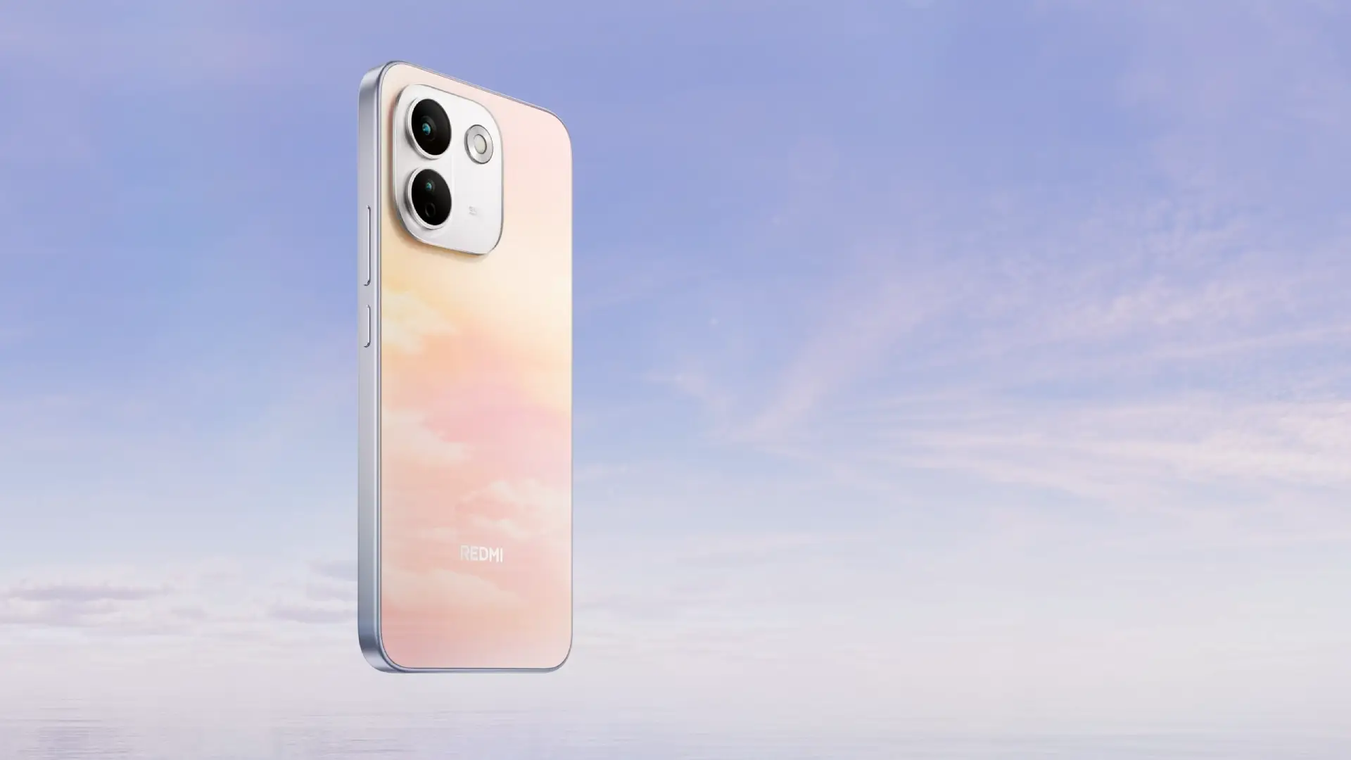 Redmi Note 17 Pro Max com acabamento perolado, duas câmeras traseiras e flash, diante de céu azul