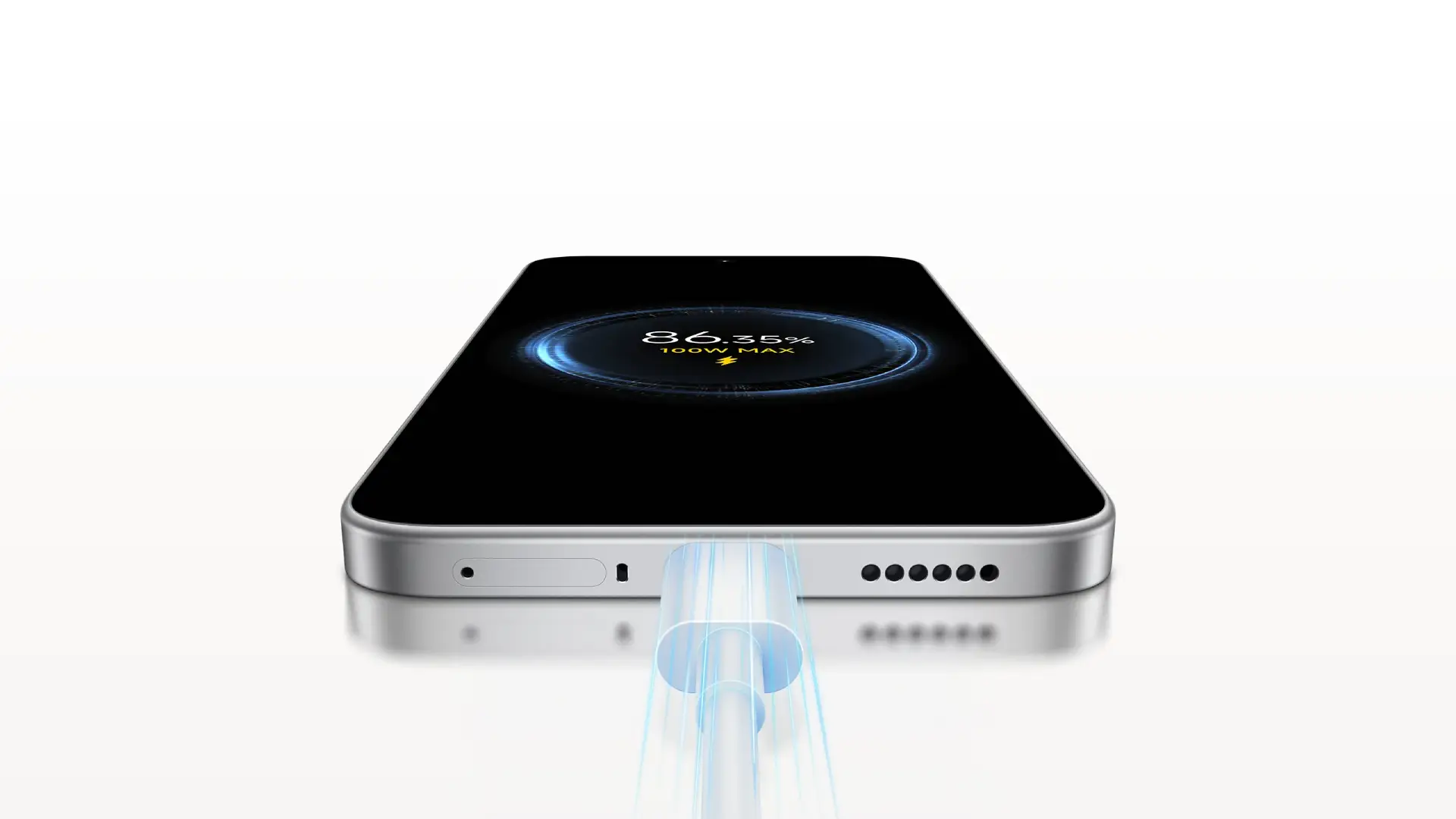 Celular conectado ao carregador exibe bateria em 86,15% e carregamento de 100 W.