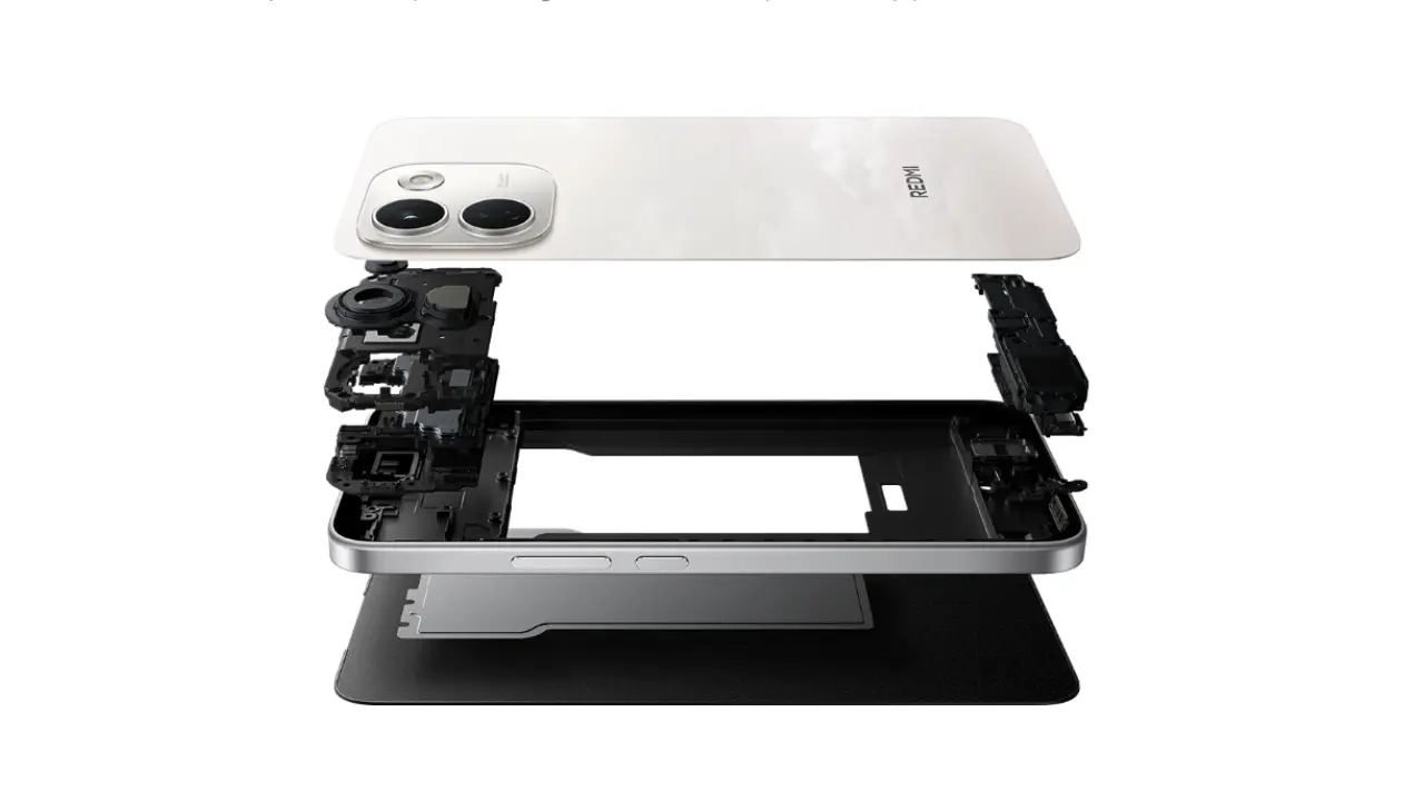 Vista explodida do Xiaomi Redmi Note 17 Pro Max branco revela estrutura interna, câmeras, placa e bateria.