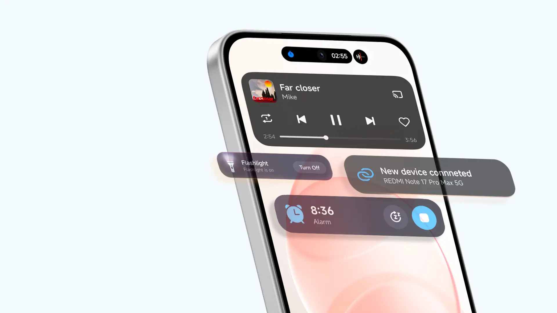 Tela do Redmi Note 17 Pro Max exibe controles de música, alarme, lanterna e conexão com dispositivo.